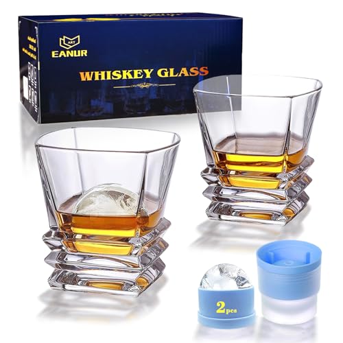 ART EANUR Whiskey Glass Set 4 in Gift Box (2 Bourbon Glasses, 2 Ice Ball Molds) Old Fashioned Glasses for Chilling Whiskey Scotch Cocktail Rum Cognac Vodka Liquor, Fathers Day Whiskey Gifts for Papa