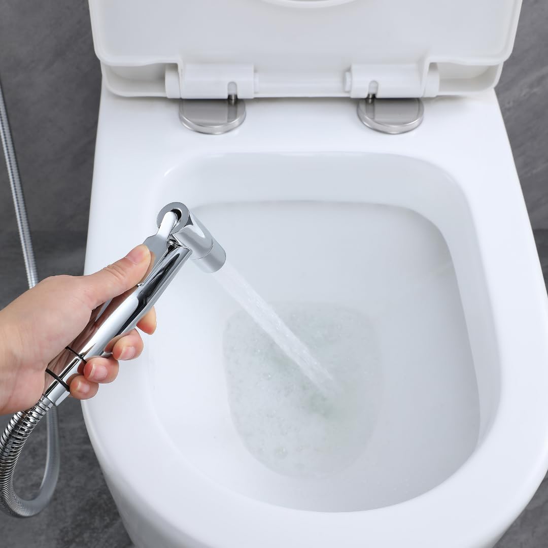 Douchette WC Murale Chromée – Jet Puissant et Précis avec Robinet Marche/Arrêt – Support Mural Inclus – Design Moderne et Durable – Hygiène et Propreté
