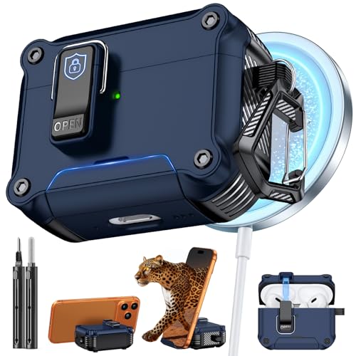 Image of Inesore for AirPods AirPods Pro 1st /2nd Case with Secure Lock (Dark Blue) | Phone Stand Design,Compatible with MagSafe,Automatic Snap Switch Secure Cover with Cleaner Kit & Keychain