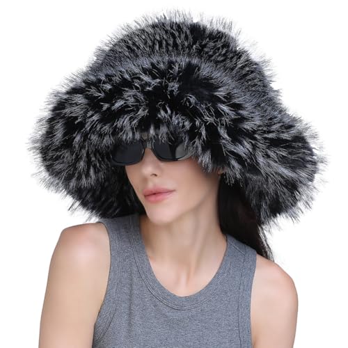 Women's Furry Bucket Hat Winter Faux Fur Plush Hats Warm Fisherman Cap Fluffy Wide Brim Bucket Hats Cloche Hat Outdoor Blackwhite