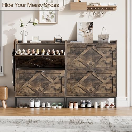 Image of Nicetree Shoe Cabinet with 2 Flip Drawers, Freestanding Shoe Storage Cabinet with Metal Legs, Farmhouse Shoe Organizer for Entryway, Foyer, Hallway