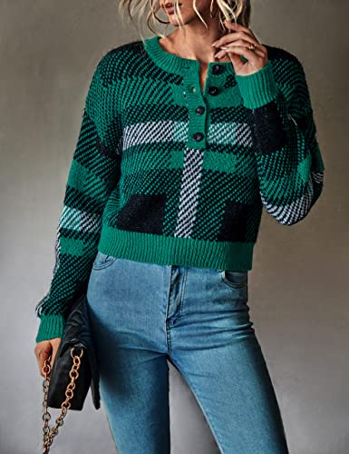 Blooming Jelly Womens Cropped Sweaters Funny Christmas Sweater Color Block Plaid Sweater With Button(Large,Green #TOP2