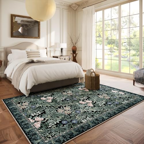 Image of Washable Area Rugs 5x7 Black Green Vintage Floral Botanical Pattern,Perfect for Living Room, Bedroom, Kids Room, Nursery - Stain & Water Resistant Non-Slip, Pet & Child Friendly /Bedroom Decor