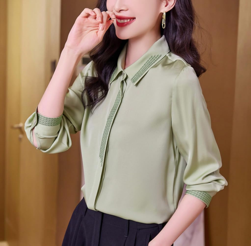 DISSA Chemise Soie Détails Dentelle Patte Cachée Manches Longues