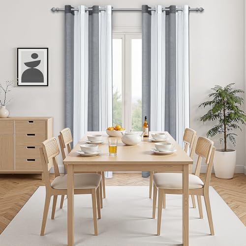 MRTREES Voile Gardinen Kurz Vorhang Halbtransparent Streifen Stores Schals mit Ösenschal Moderner Wohnstil Weiß+Grau 175×140cm (H×B) für… – Ansicht 6