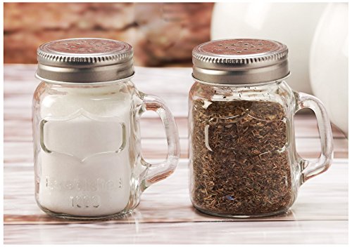 Circleware Glass Mini Mason Jar Mug Salt And Pepper Shakers With Handles & Metal Lids, Kitchen Glassware Preserving Containers, Perfect Himalayan Seasoning Spices, 2-Piece Set, 5 Oz, Clear, Silver #TOP1
