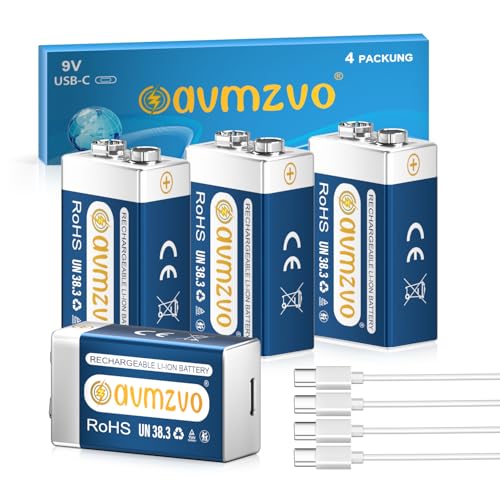 avmzvo Batería recargable de 9 V, 1350 mAh (4 unidades) con carga rápida USB-C de alta potencia, para detector de humo, micrófono, juguete, multímetro