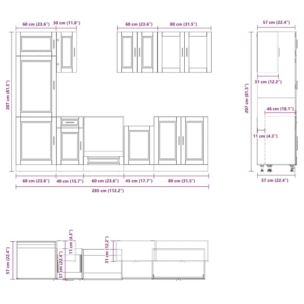 8-TLG. Küchenschrank-Set Porto Räuchereiche - Moderne Küchenzeile aus Holzwerkstoff mit Glas-Hängeschrank, Spülschrank, Backofenschrank und Hochschrank für viel Stauraum