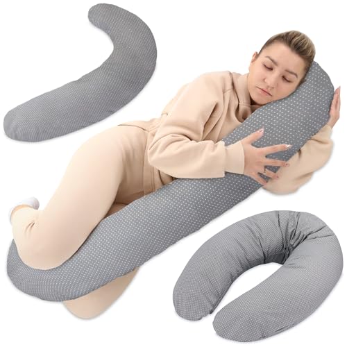 Totsy Baby Almohada Embarazada XXL - Algodón Almohada para Dormir de Lado cojin Embarazada Dormir y Lactancia Almohada Larga 190 cm Puntos en Gris