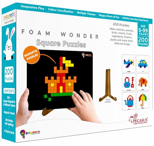 Image of Popcorn Square Puzzle for Kids for Age 5+ Years, Magnetic 200 Foam Wonder Puzzles, Imagination Shape, Animals, Fruits, Flowers, with Display Stand, Creative, Educational Activity for Kid