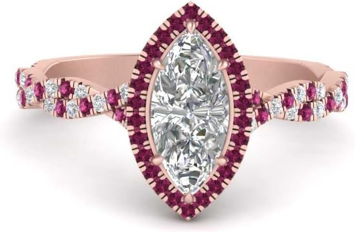 Choose Your Gemstone Twisted Marquise Diamond CZ Halo Ring Rose Gold Plated Marquise Shape Halo Engagement Rings Matching Jewelry Wedding Jewelry Easy to Wear Gifts US Size 4 to 12