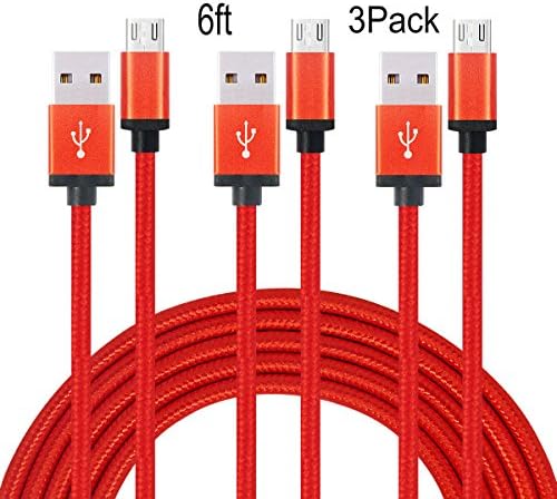2.0 Micro USB to USB Cable Nylon Braided Charging Cable - 6 Feet (1.8 Meters) – Red – 3-Pack