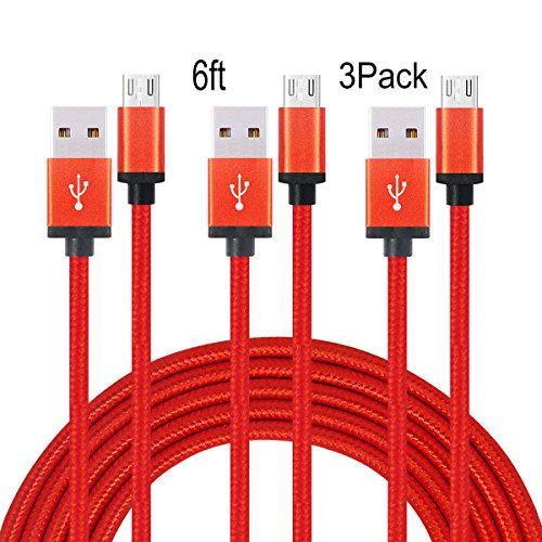 Suplink 2.0 Micro USB to USB Cable Nylon Braided Charging Cable - 6 Feet (1.8 Meters) – Red – 3-Pack