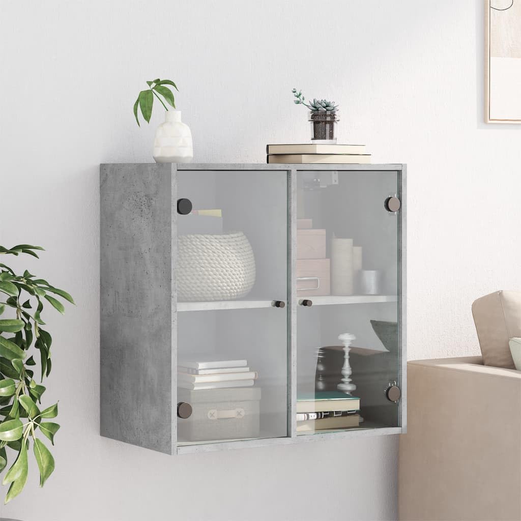 Armadio da parete con ante in vetro, grigio cemento, in legno, 68 x 37 x 68,5 cm, vano porta richiudibile, armadio multiuso per ufficio, corridoio, cantina, officina