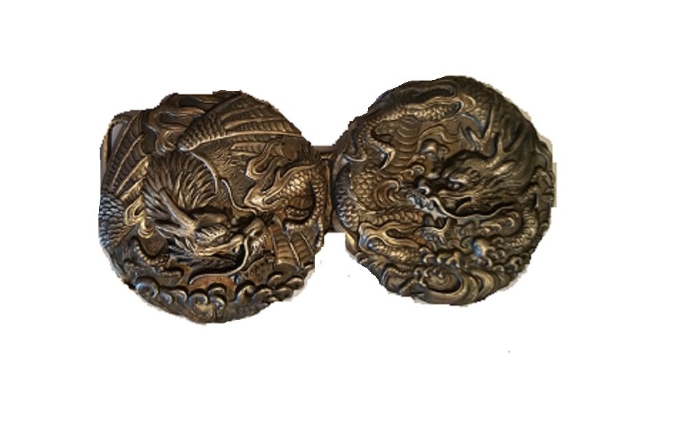 RARE VINTAGE ORNATE ORIENTAL SILVER DRAGON 19TH CENTURY BUTTON DESIGNED BELT BUCKLE