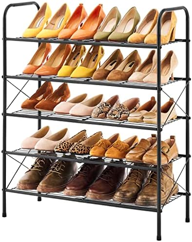 Tajsoon 5-Tier Freestanding Shoe Rack Organizer, Adjustable & Expandable Shoe Storage Shelf for Entryway, Metal Wire Grid with X Shape Fixed Frame, Black