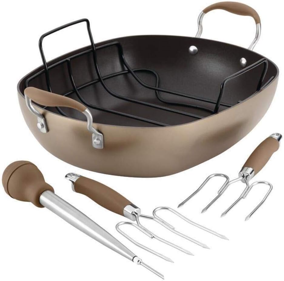 Anolon Advanced Hard Anodized Nonstick Roaster / Roasting Pan Set with Utensils - 16 Inch x 13 Inch, Brown