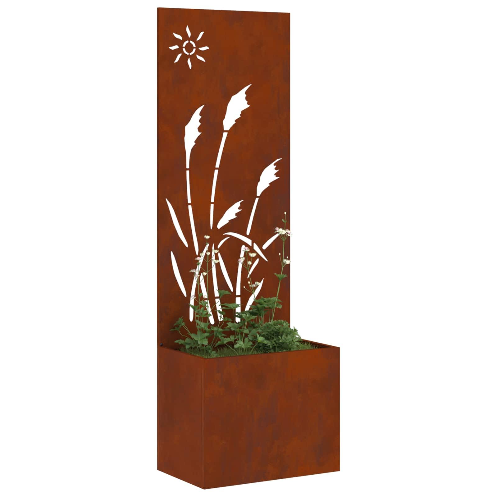 Ogrodowa ochrona przed wzrokiem na płótnie, zardzewiałe 50 x 150 cm, stal odporna na warunki atmosferyczne z dekoracyjnymi wstawkami, matowa powierzchnia, stabilna konstrukcja, na taras i