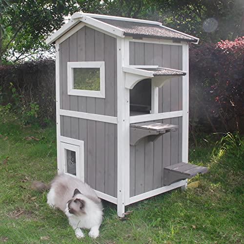 Ketive Cat House for Outdoor & Indoor Wooden Waterproof Cat Condo Cat Outdoor Enclosure with Escape Door,2 Story Kitty House
