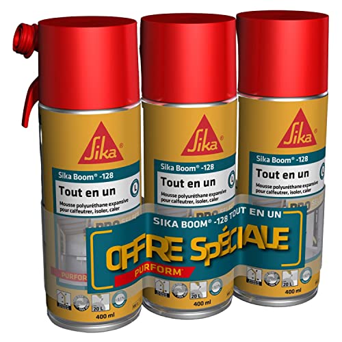 SIKA - Lot de 3 - Mousse PU expansive - SIKA Boom 128 Blanc - Tout en un réutilisable - Usage tous sens pour isolation, calfeutrage et remplissage sur...