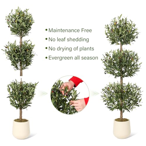 5FT Artificial Olive Triple Ball Topiary Trees with Moss & Inner Pot, Outdoor Indoor Realistic Fake Shrubs Trees, Faux Plants Round Bushes Fake Shrubs Potted for Home Offices Porch Decor Set of 1
