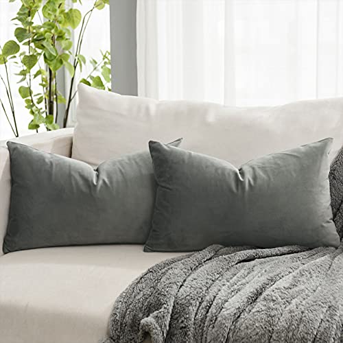 QUAFOO Grey Decorative Lumbar Velvet Throw Pillow Covers 12x20 inch Set of 2 with Zipper Luxury Soft Solid Rectangle Cushion Covers Case for Sofa Couch Bed Living Room