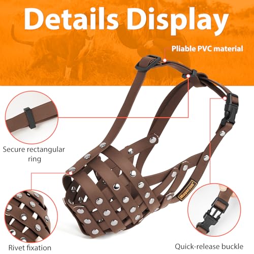 Image of Pitbull Dog Muzzle for Large Medium Dogs Prevent Biting Scavenging | Fits Rottweiler Amstaff Broad-nosed Breed, Sturdy Breathable Basket, Training Walking Use, Allows to Drink | Brown, M