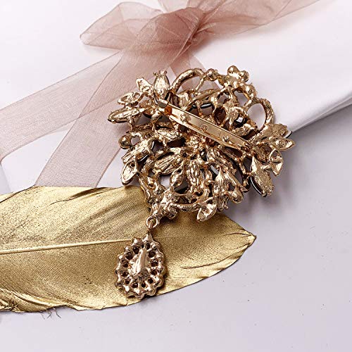 Image of LAXPICOL Wedding Bridal Big Brown Crystal Rhinestone Bouquet Brooch Pin for Women Golden Tone