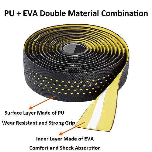 MOCNT Bicycle Handlebar Tape Breathable Cycling Bike Handlebar Tape PU EVA Handle Bar Grip Wrap Tapes Comfort Non Slip Shock Absorbent Road Bike Handlebar Drop Bar Tape Yellow - Image 2