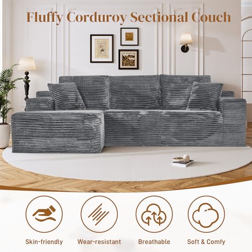 Image of 108 inch L Shaped Boneless Sectional Couches for Living Room, Comfy Corduroy Floor Cloud Sofa with Chaise, Wide Armrest, Deep Seat, Memory Foam, Assembly Free, Ideal for Small Spaces, Grey