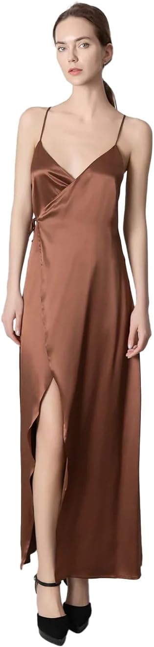 100% Silk V Neck Backless Maxi Wrap Dress for Women 22 Momme Satin Bridesmaid Formal Cami Slip Long Dress