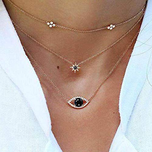 Anglacesmade Bohemia Layered Choker Necklace Star Necklace Rhinestone Choker Eye Necklace Gem Crystal Star Charm Pendant Necklace Multi-layer Station Chain for Women Girls