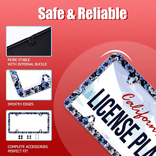 Blue Vintage Hibiscus Flower License Plate Frame 1 Pack Stainless Steel Car Hawaii Floral License Plate Cover Accessory Rustproof Personalize Decor 12.3" X 6.3" With 4 Holes Screw For Men Women Gifts #TOP1