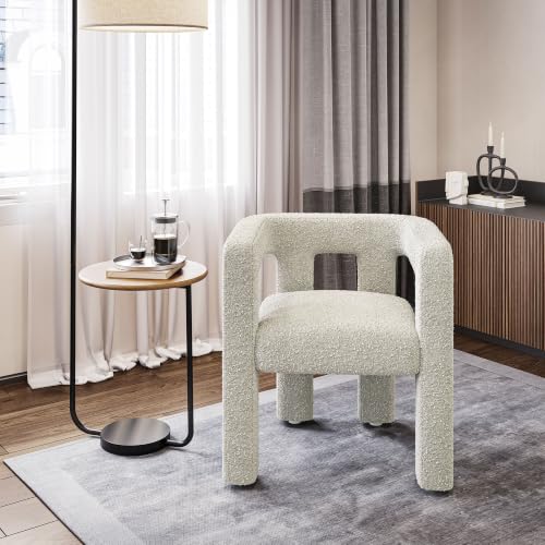 Image of BELLEZE Modern Boucle Barrel Dining Chair Set of 6, Upholstered Linen Kitchen Boucle Armchair with Sidearms and Back, for Dining Room Living Room- Cream