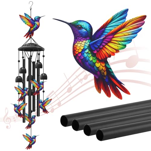 Hummingbird Wind Chimes for Outside Black Metal Windchimes Outdoors Hummingbirds Gifts for Women/Men Garden/Yard Decor Memorial/Birthday Gifts for Grandma/Mom Durable Chimes for Outdoors