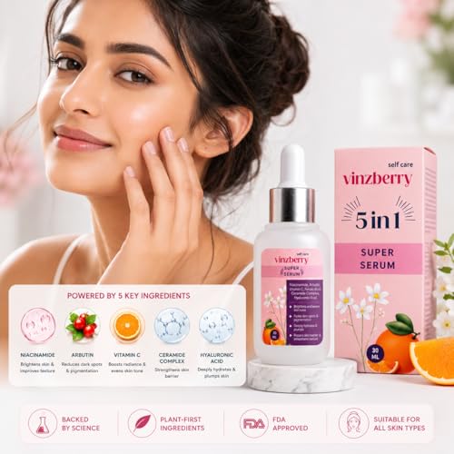 Image of VINZBERRY 5-in-1 Super Serum with Niacinamide, Arbutin, Vitamin C, Ferulic Acid, Ceramide Complex, Hyaluronic Acid | Brightens and Evens Skin Tone, Anti Aging, 30 ml Pack of 1