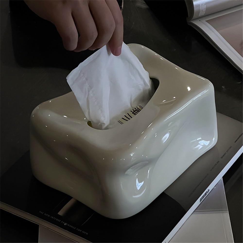 Tissue Box Holder Napkin Holder Ink Splash Square Ceramic for Bedside Table Napkin Dispenser (White)