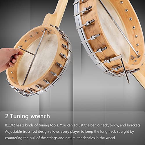 Mulucky 5 String Banjo - Full Size With 24 Brackets, Open Back, Maple Banjo With Remo Head, Geared 5Th Tuner, Gift Package With Beginner Kit - B1102 #TOP4