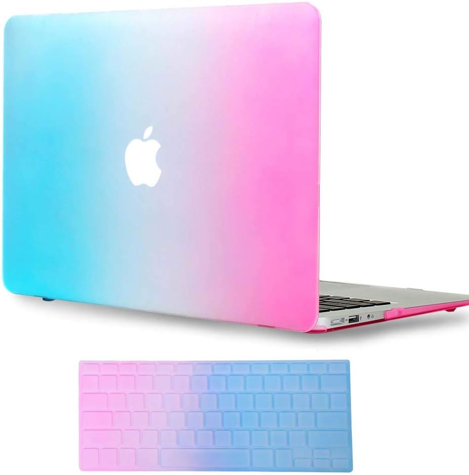 AmaBe for MacBook Air 13"/13.3" case Model: A1369 / A1466,Bundle 2 in 1 Rubberized Matte Plastic Hard Shell Cover Case with Silicone Keyboard Cover Skin Rainbow