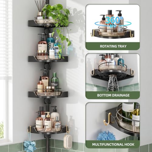 Image of akinbas 360 Rotating Shower Caddy Tension Pole with 4-Tier Rustproof Lazy Susan 35-128 Inch No Drilling Coner Shelves Adjustable Shower Rack for Bathroom Bathtub Washbasin Plant Storage (Black+Gold)