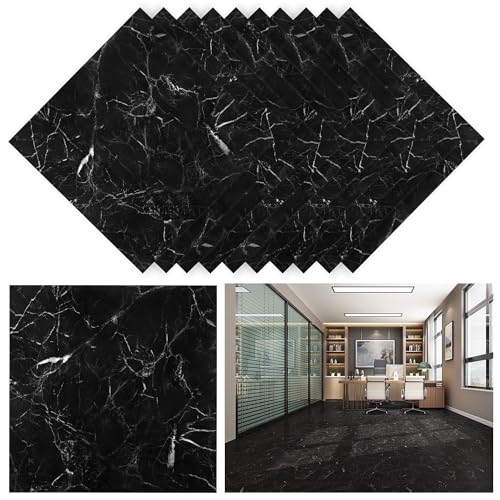 10 Sheets Self Adhesive Vinyl Floor Tiles - Waterproof Marble Black Peel and Stick Tiles for Kitchen and Living Room 30x30cm