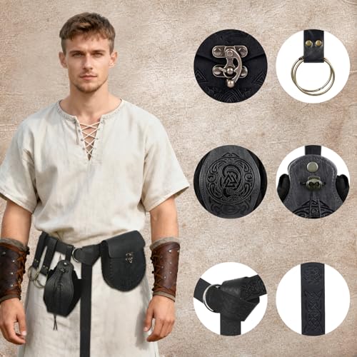 Image of Renaissance Pirate Belt Pouch with Coin Purse Skirt Hike Set | Medieval Viking Pirate Belt Pouch for Halloween Cosplay Ren Faire Accessories,Black.