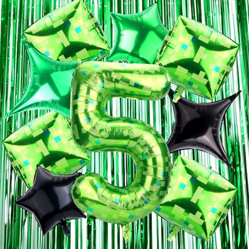 11uds Conjunto Decoraciones Fiesta Cumpleaños Estilo Pixel, Globo Número Verde, Globos Pixel y Cortinas con Flecos Kit para Niños Niños Niñas Tema de Videojuego Fondo Suministros (Número 5)