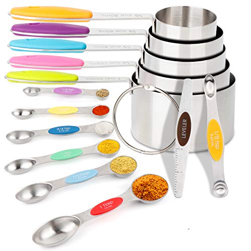 OurWarm Measuring Cups and Magnetic Measuring Spoons Set of 13 Stainless Steel Measuring Cups and Spoons for Cooking Baking 5 Measuring Cups 7 Double Sided Magnetic Measuring Spoons 1 Leveler