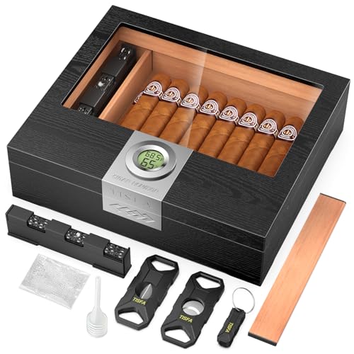 TISFA Cigar Humidor Box Cigar Accessories Set, Includes V Cutter, Straight Cutter, Hole Punch, Digital Hygrometer, Adjustable Humidifier, Divider, Cedar Wood Desktop Humidor Airtight Cigar Case