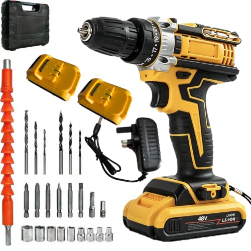 Image of Cordless Drill Driver 21V, Cordless Hammer Drill Set, 42N.m Battery Drill, 25+3 Torque Set, 2-Speed, LED Light, 2.0AH Battery, 24PCS Electric Drill Set for Home and Garden DIY Project (Yellow)