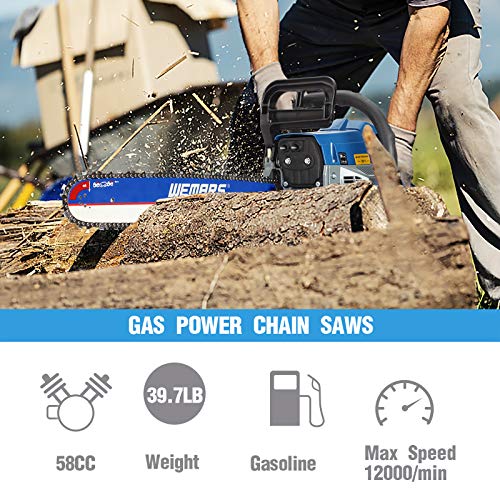 WEMARS 62cc Gas Chainsaw 20 Inch Power Chain Saws 2 Stroke Handed Petrol Chainsaws Gasoline Chain Saw Garden Tool for Cutting Wood Outdoor Home Farm Use