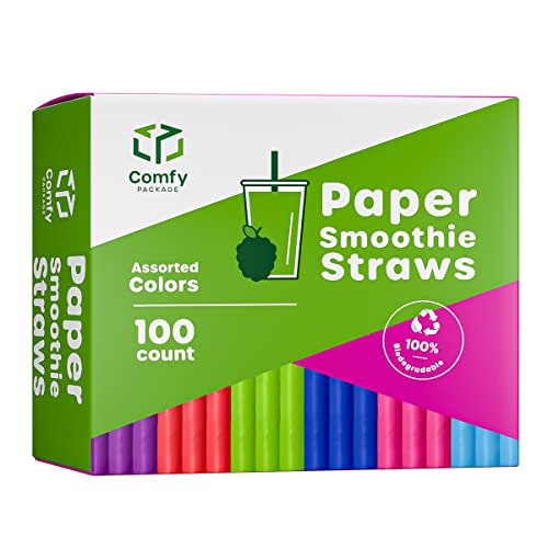 GUSTO [100 Count] Jumbo Paper Smoothie Straws - 100% Biodegradable Assorted Colours Eco-Friendly Paper Straws for Smoothies