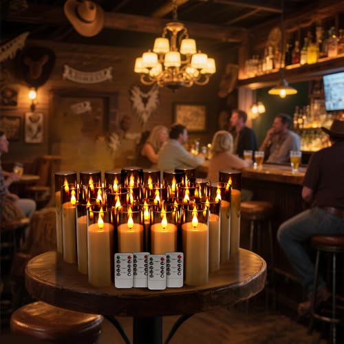 Image of 24 Pack LED Gray Flameless Candles with Remote, 3D Flickering Battery Operated Candles in Glass Holders, Safe for Weddings, Parties, Home and Outdoor Decor.