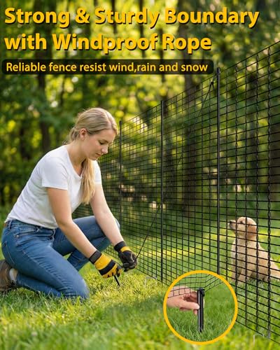 Image of Temporary Fence with Posts, 4'x82' Plastic Fencing Garden Fence Animals Barrier with Fiberglass Stake Windbreak Rope, Portable Snow Fences, Fencing for Dogs Outdoors Backyard (Black)